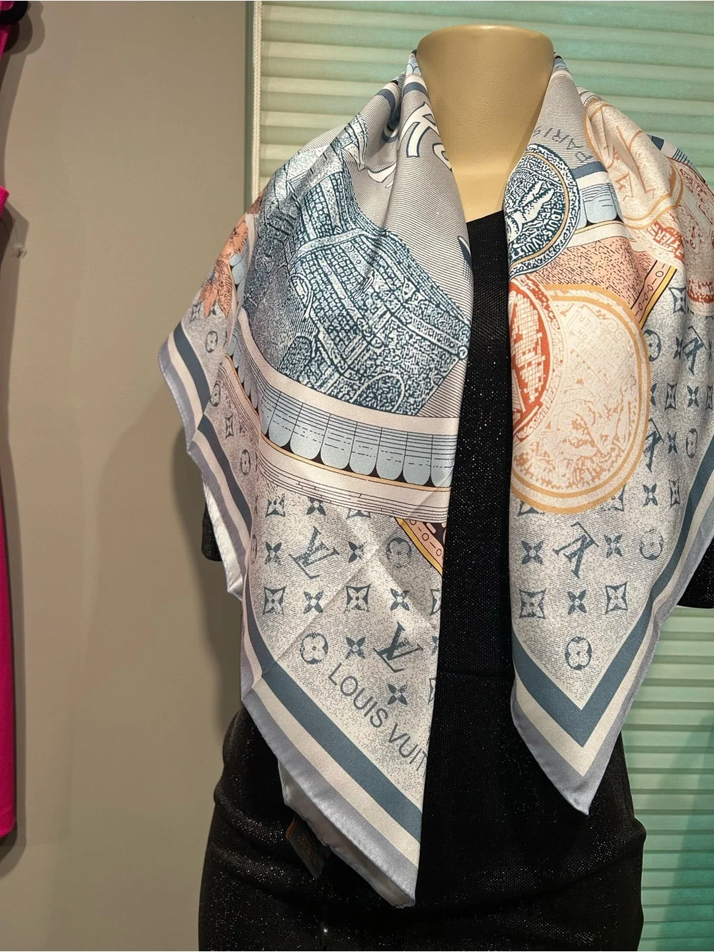 Louis Vuitton Blue Cream & Peach Paris Silk Shawl